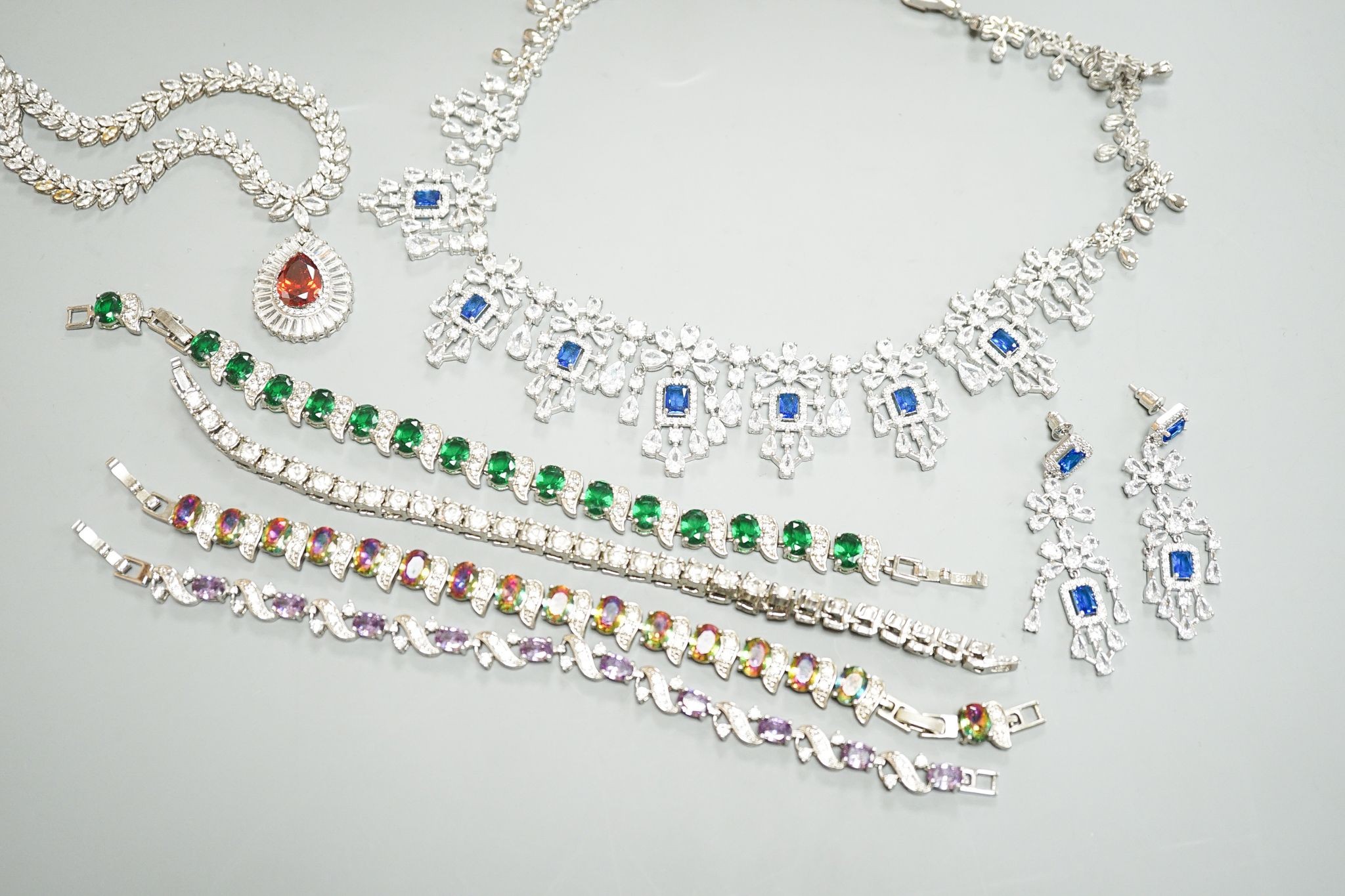 A small group of 925 or white metal and paste set jewellery, including necklaces, bracelets and earrings.
